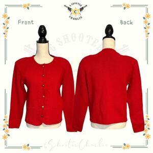 Vintage TALLY-HO Red Button-Up Cardigan Sweater Jacket Embroidered Flowers SZ PM